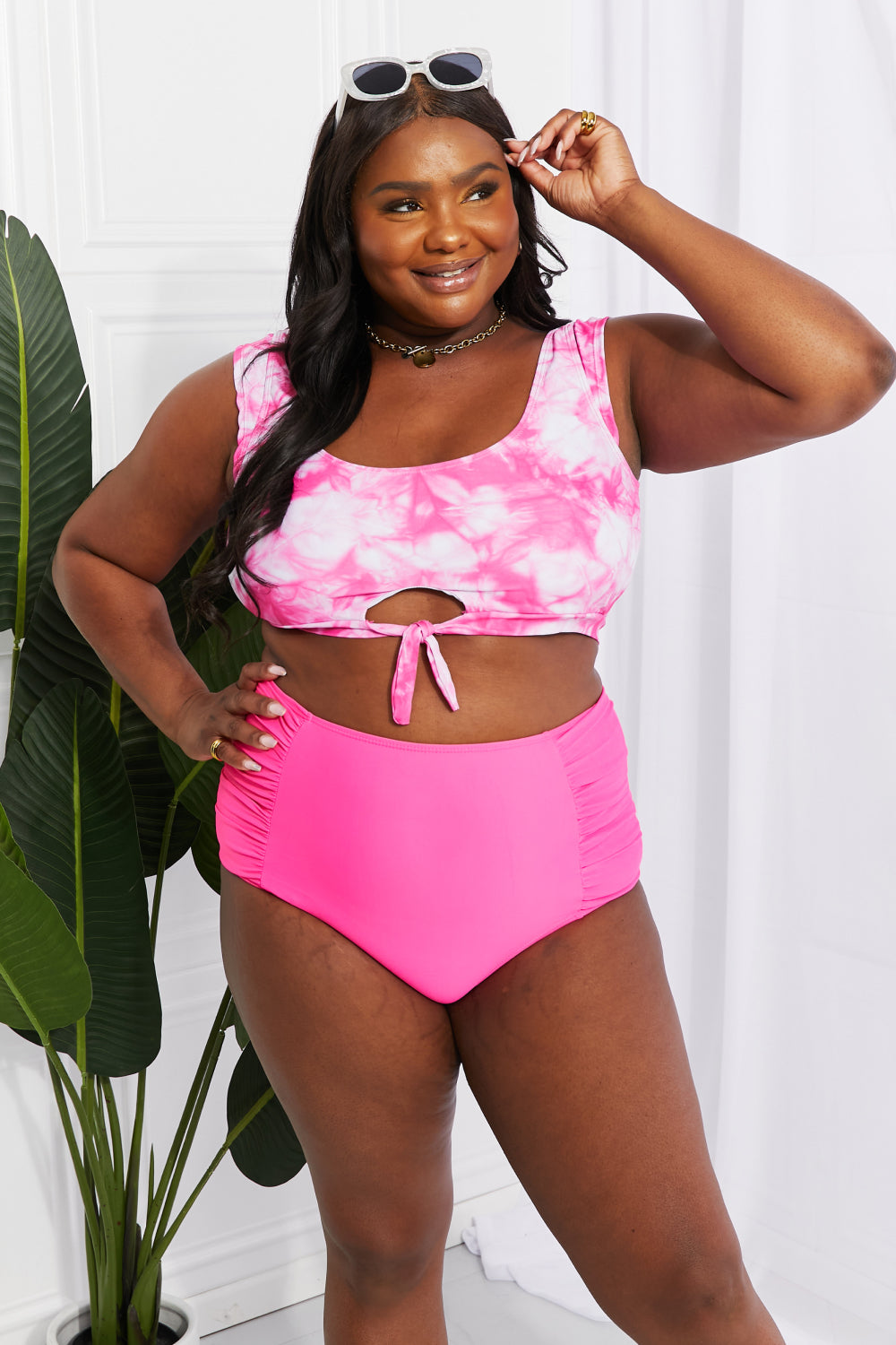 Marina West Swim Sanibel Crop Swim Top and Ruched Bottoms Set in Pink-Modish Lily, Tecumseh Michigan