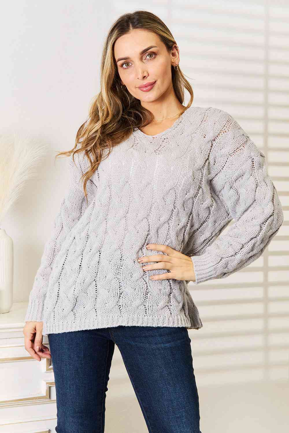 Light Grey Cable-Knit Hooded Sweater-Modish Lily, Tecumseh Michigan