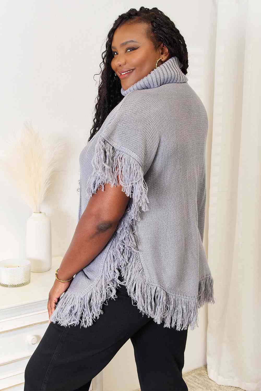 Grey Turtle Neck Fringe Poncho-Modish Lily, Tecumseh Michigan