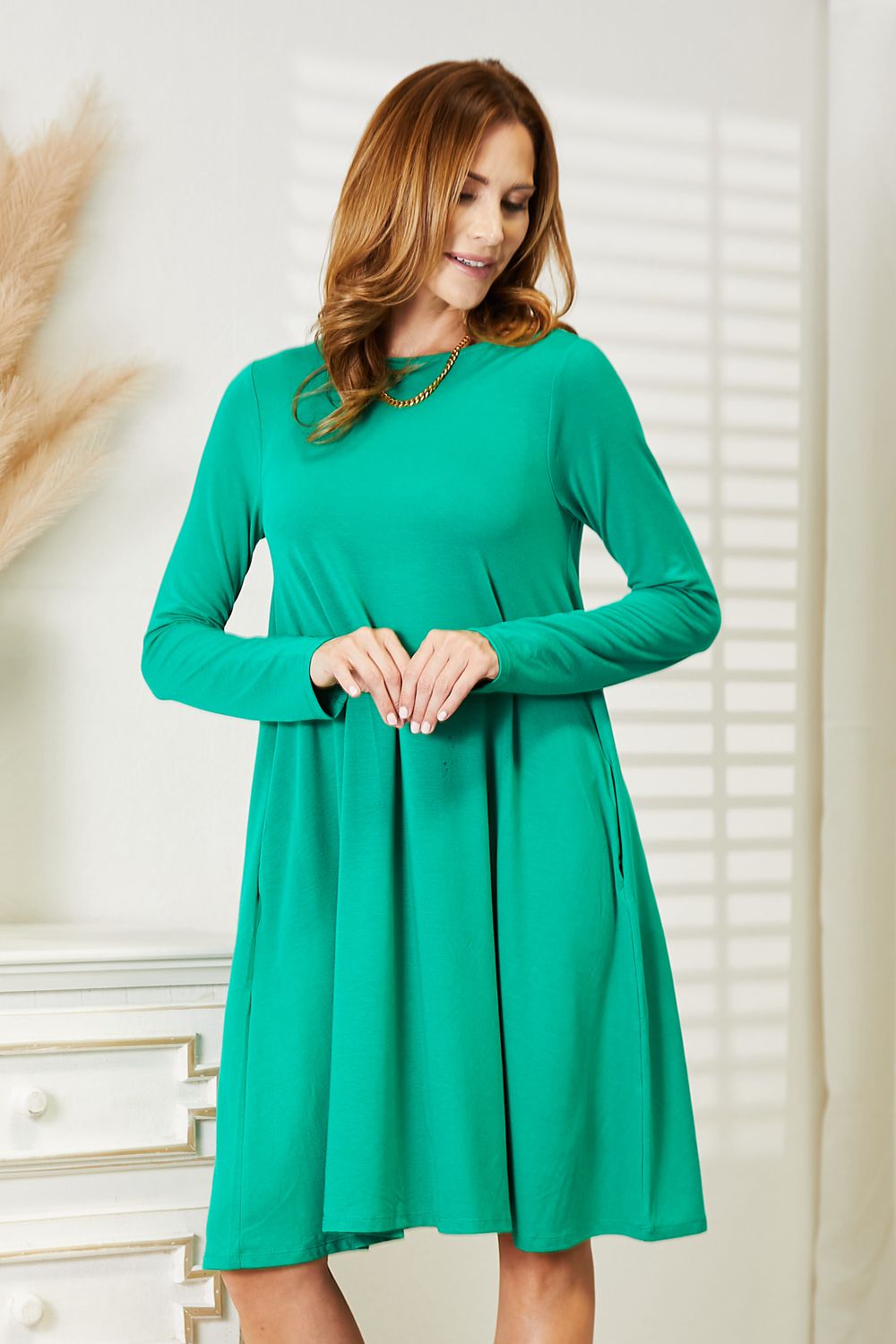 Teal Long Sleeve Flare Dress with Pockets-Modish Lily, Tecumseh Michigan