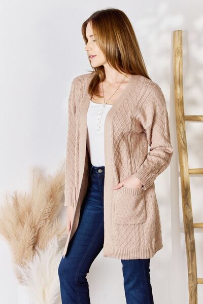 Mocha Cable-Knit Pocketed Cardigan-Modish Lily, Tecumseh Michigan