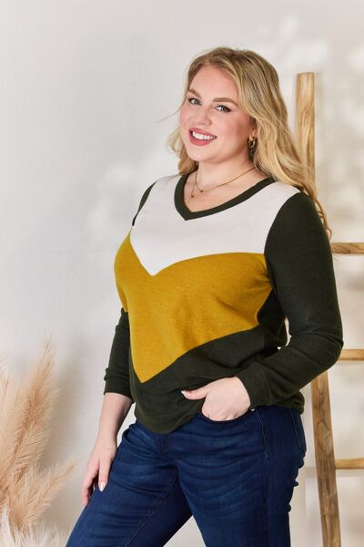 Olive Colorblock V-Neck Blouse-Modish Lily, Tecumseh Michigan