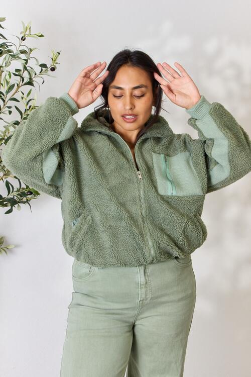 Sage Zip Up Collared Neck Jacket-Modish Lily, Tecumseh Michigan