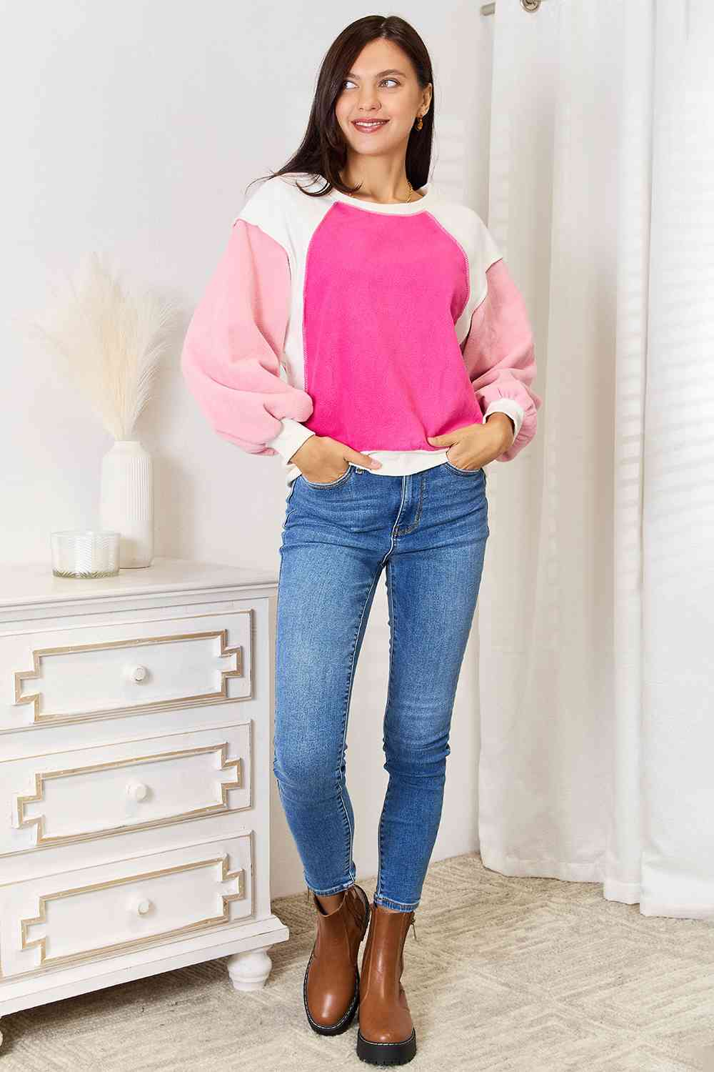 Pink Color Block Dropped Shoulder Sweatshirt-Modish Lily, Tecumseh Michigan