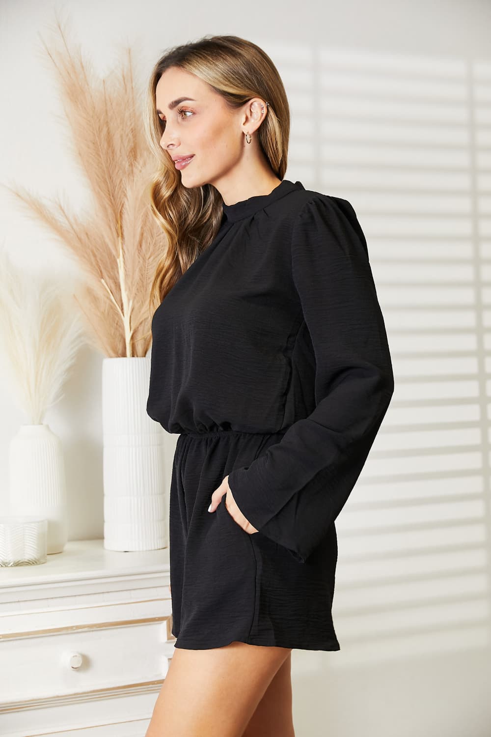 Black Open Back Romper with Pockets-Modish Lily, Tecumseh Michigan