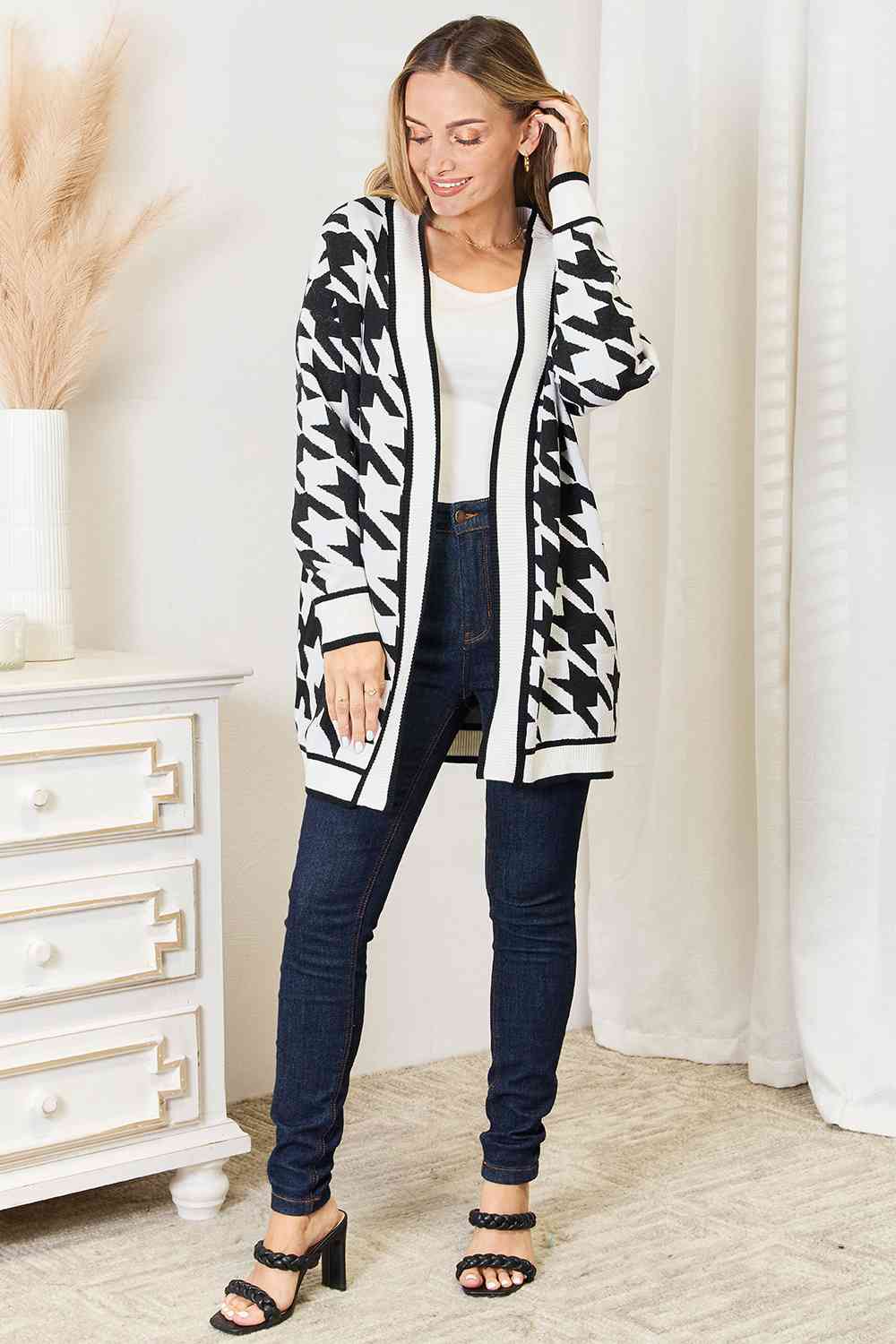 Houndstooth Open Front Longline Cardigan-Modish Lily, Tecumseh Michigan