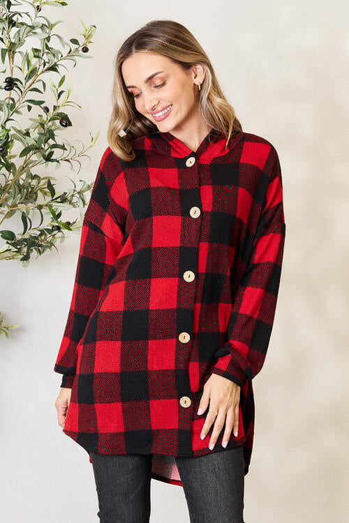 Black/Red Plaid Button Front Hooded Shirt-Modish Lily, Tecumseh Michigan