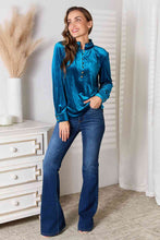 Load image into Gallery viewer, Turquoise Notched Neck Buttoned Long Sleeve Blouse-Modish Lily, Tecumseh Michigan
