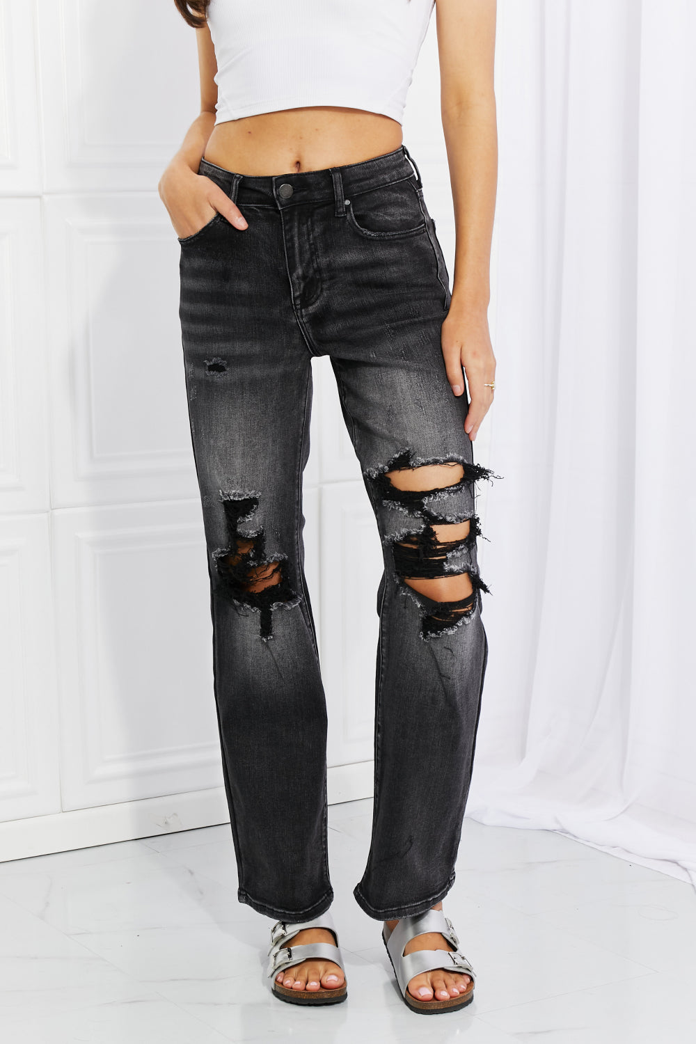 RISEN Lois Distressed Loose Fit Jeans-Modish Lily, Tecumseh Michigan