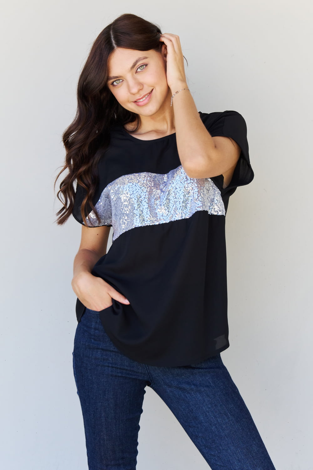 Shine Bright Center Mesh Sequin Top in Black/Silver-Modish Lily, Tecumseh Michigan