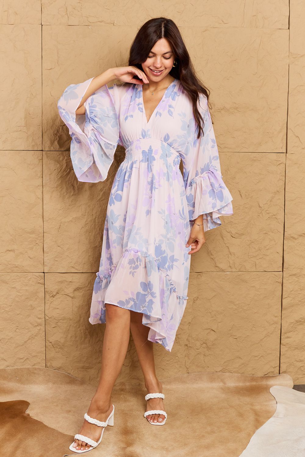 Take Me With You Floral Bell Sleeve Midi Dress in Blue-Modish Lily, Tecumseh Michigan