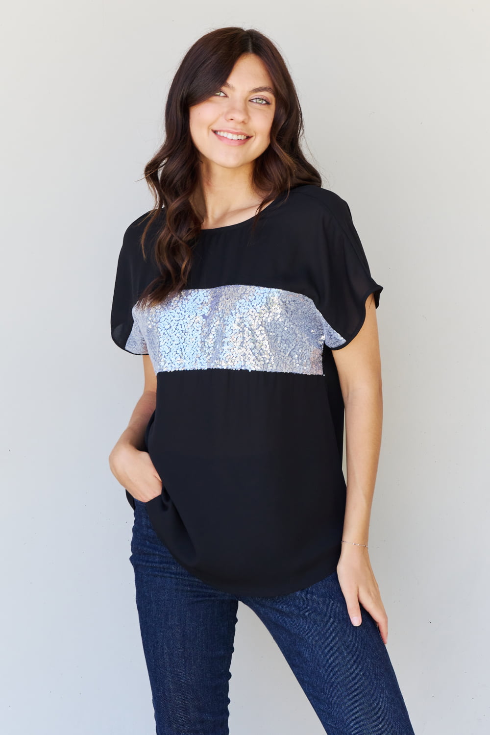 Shine Bright Center Mesh Sequin Top in Black/Silver-Modish Lily, Tecumseh Michigan