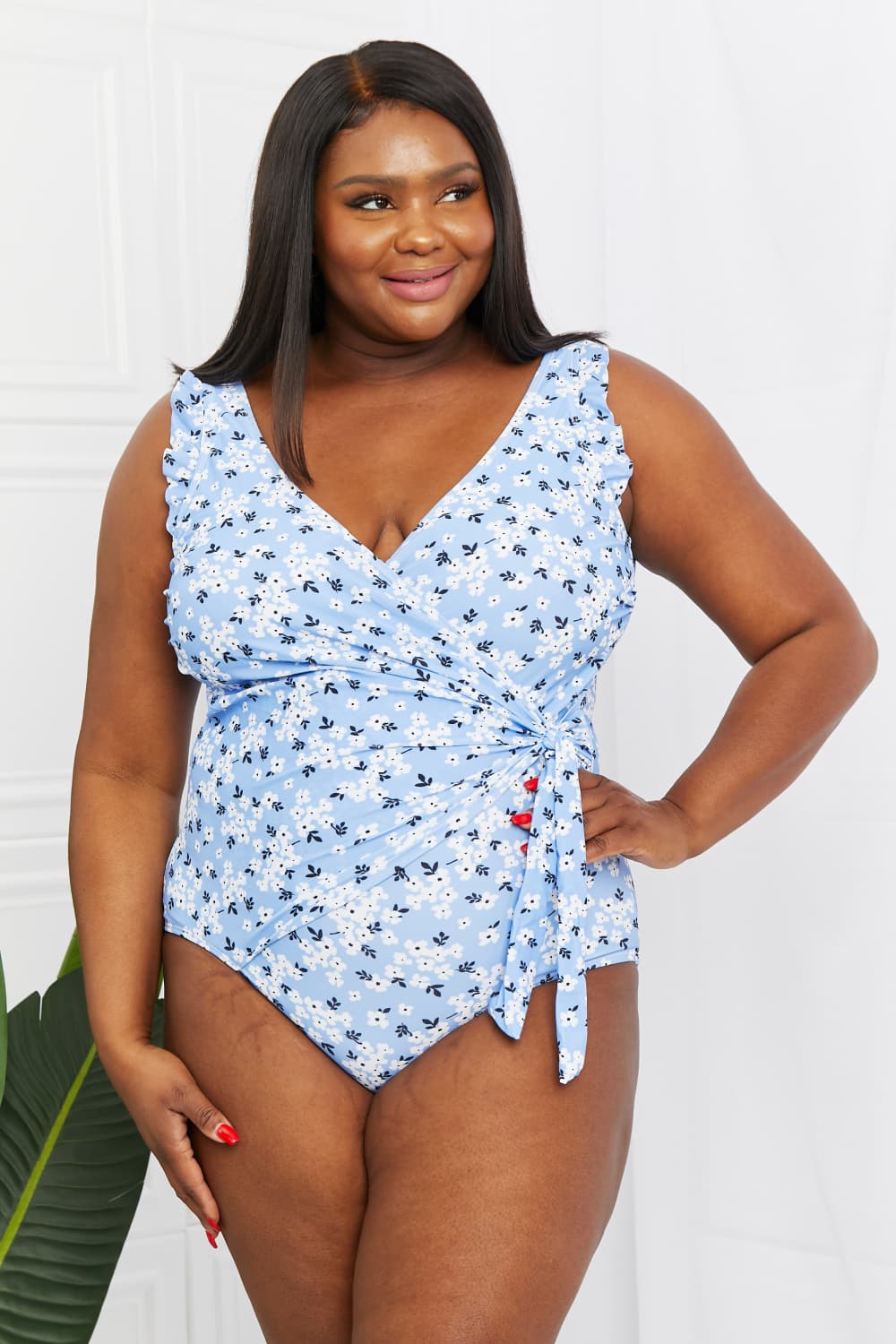 Marina West Swim Full Size Float On Ruffle Faux Wrap One-Piece in Blossom Blue-Modish Lily, Tecumseh Michigan