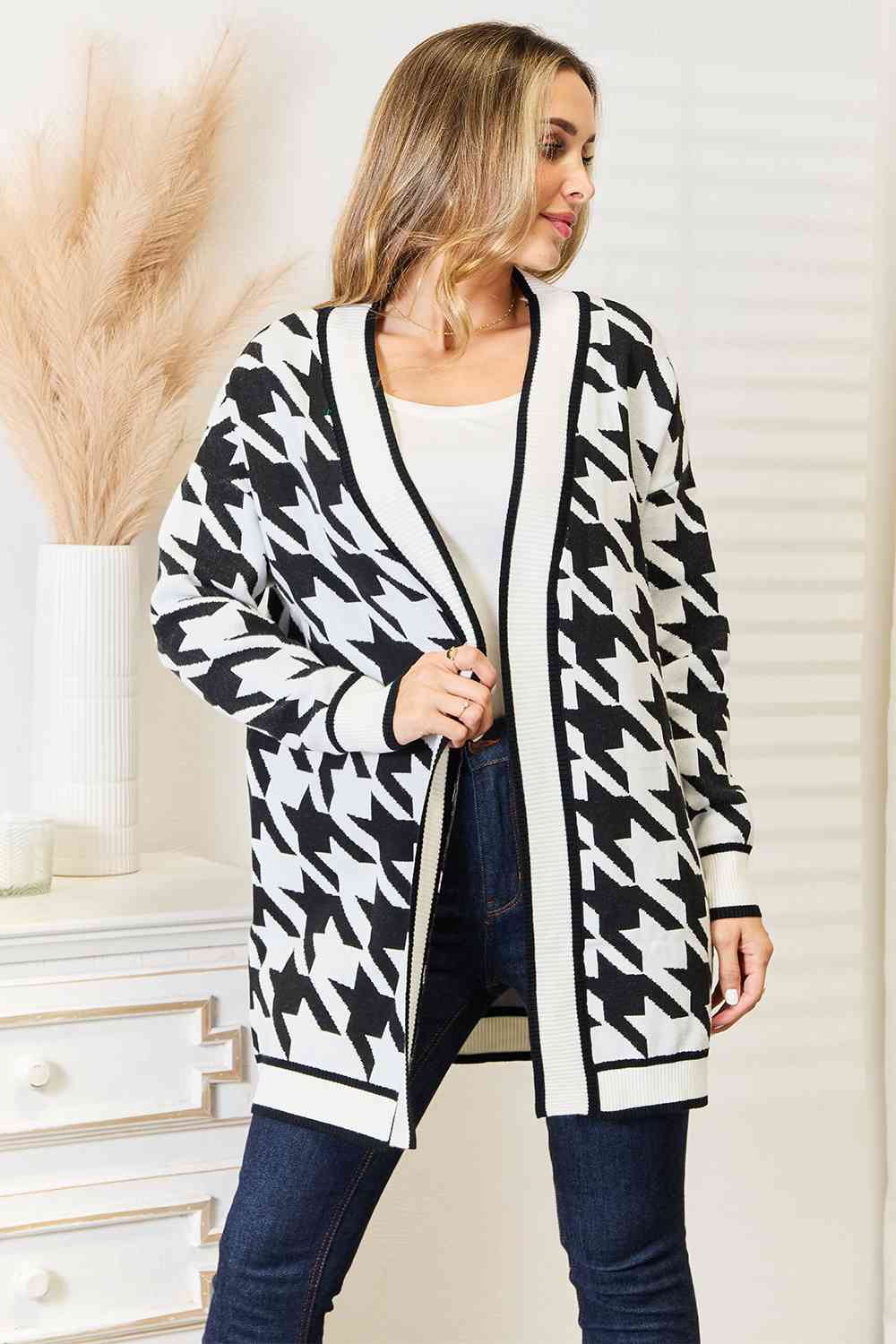 Houndstooth Open Front Longline Cardigan-Modish Lily, Tecumseh Michigan