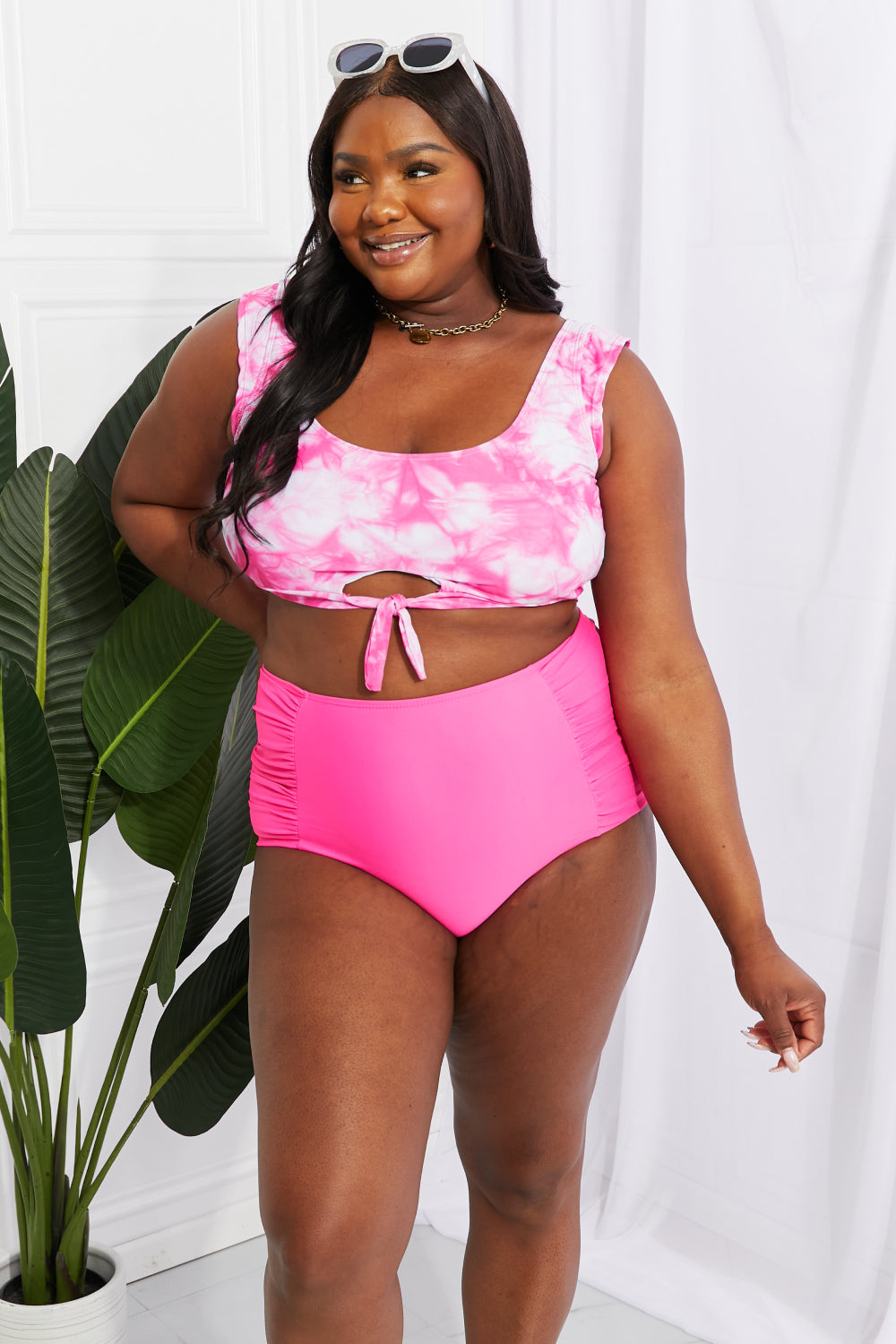 Marina West Swim Sanibel Crop Swim Top and Ruched Bottoms Set in Pink-Modish Lily, Tecumseh Michigan