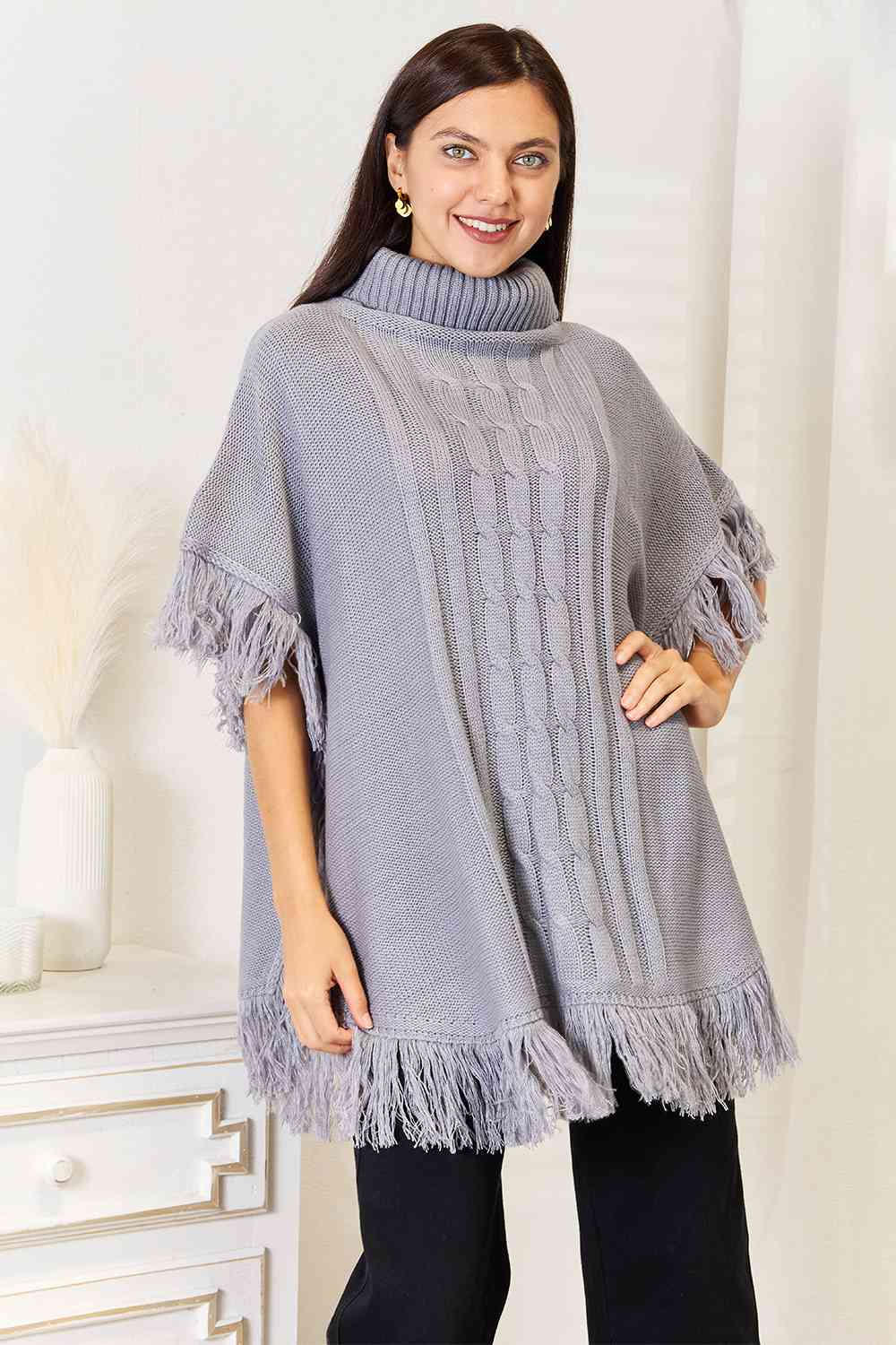 Grey Turtle Neck Fringe Poncho-Modish Lily, Tecumseh Michigan