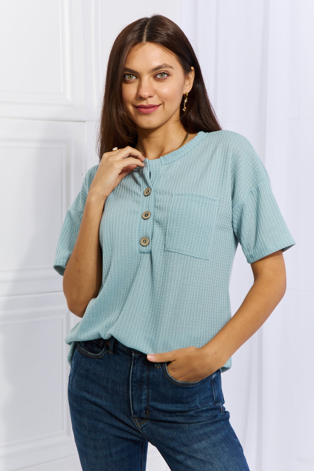 Made For You 1/4 Button Down Waffle Top in Blue-Modish Lily, Tecumseh Michigan