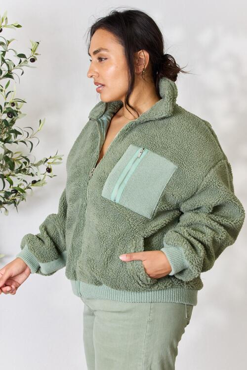 Sage Zip Up Collared Neck Jacket-Modish Lily, Tecumseh Michigan