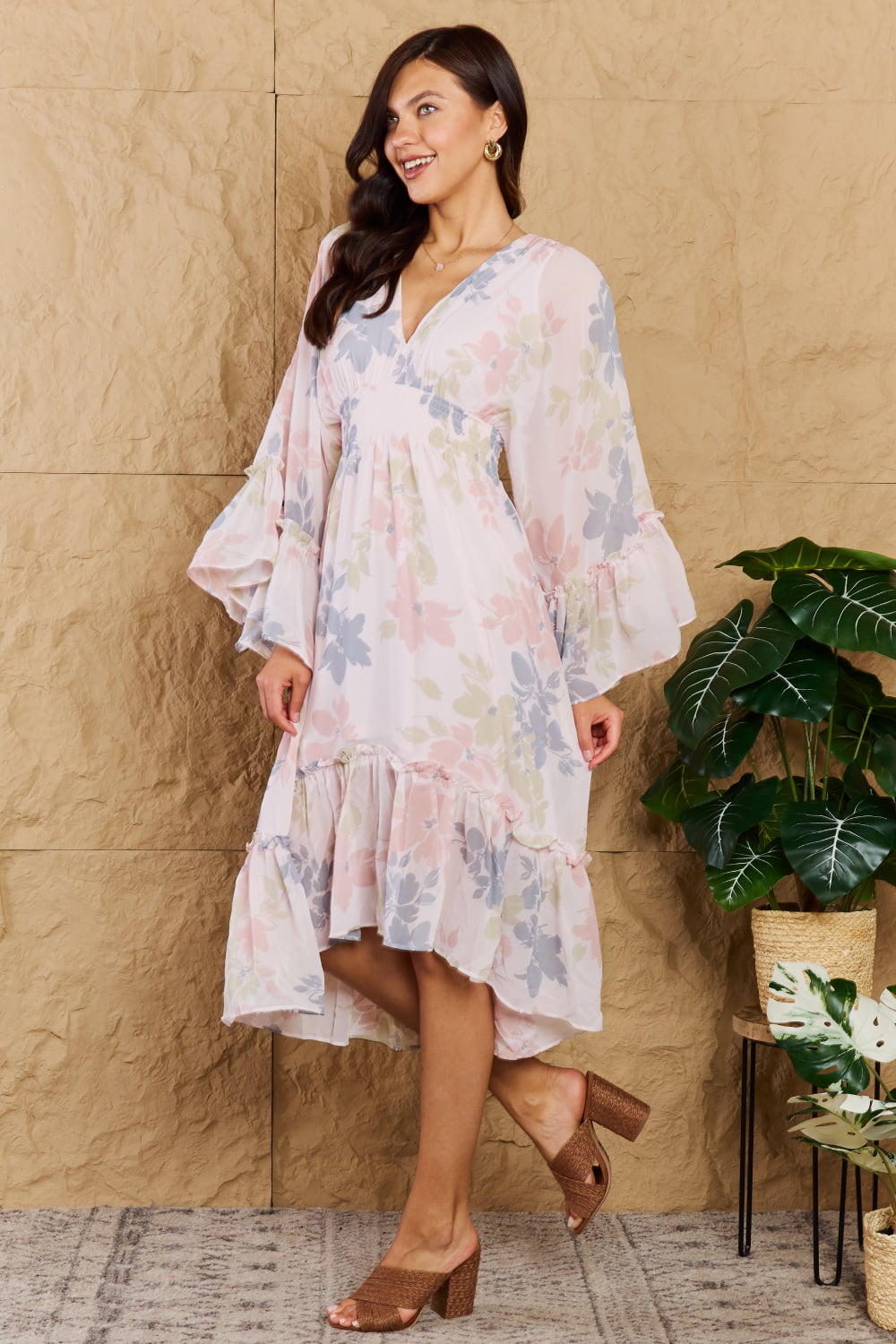 The Right Time Floral Bell Sleeve Midi Dress in Coral-Modish Lily, Tecumseh Michigan