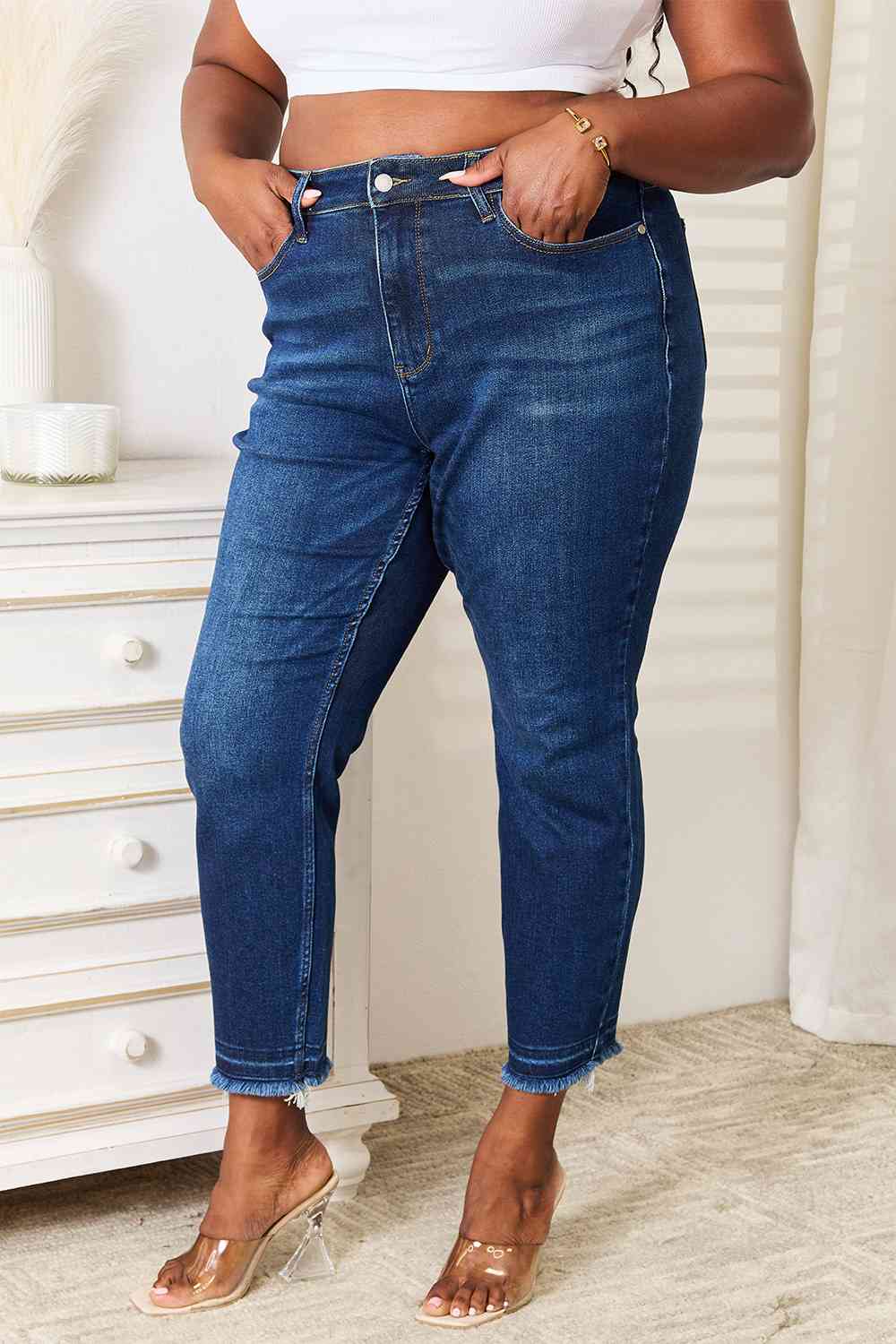 Judy Blue Full Size High Waist Released Hem Slit Jeans-Modish Lily, Tecumseh Michigan
