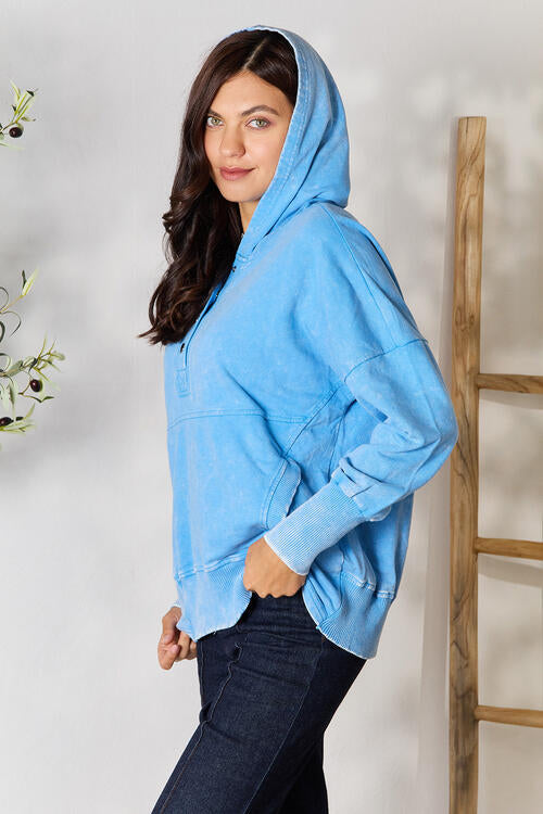 Sky Blue Half Snap Long Sleeve Hoodie with Pockets-Modish Lily, Tecumseh Michigan