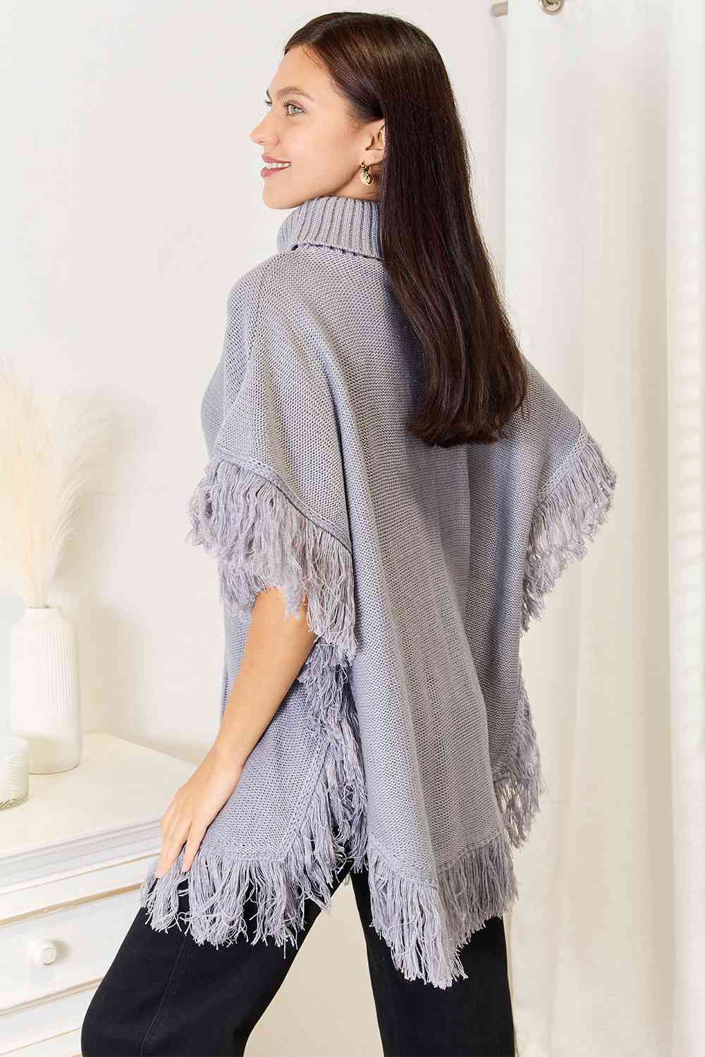 Grey Turtle Neck Fringe Poncho-Modish Lily, Tecumseh Michigan