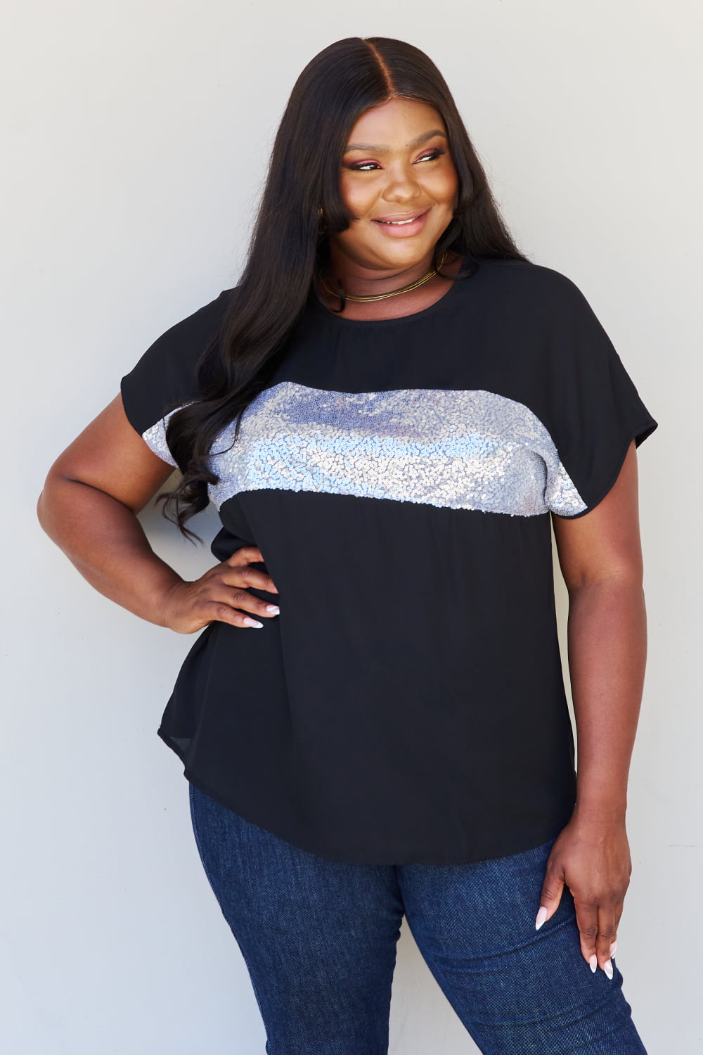 Shine Bright Center Mesh Sequin Top in Black/Silver-Modish Lily, Tecumseh Michigan