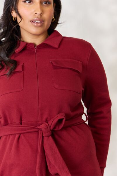 Red Tie Front Half Zip Long Sleeve Shirt Dress-Modish Lily, Tecumseh Michigan