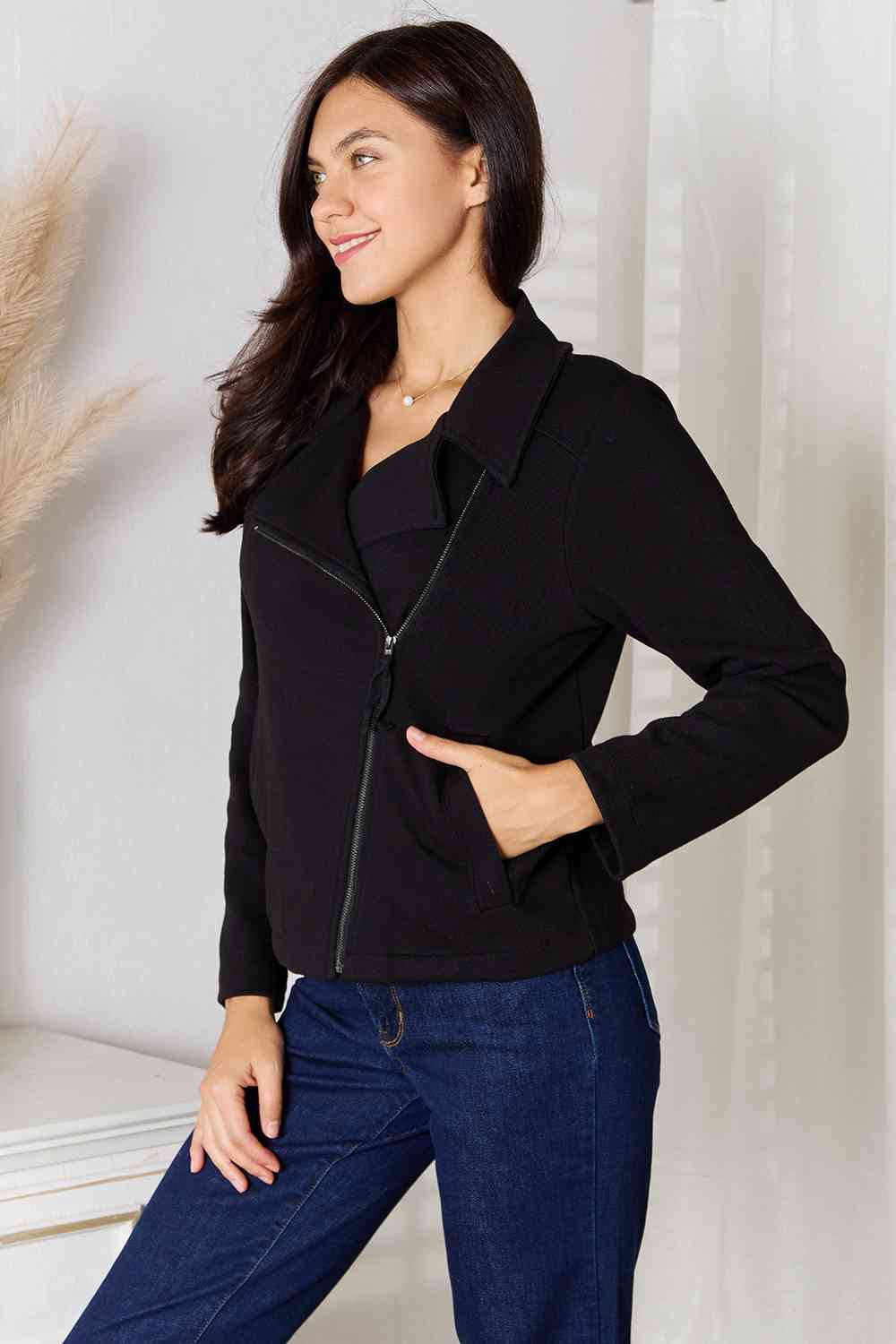 Black Zip-Up Jacket with Pockets-Modish Lily, Tecumseh Michigan