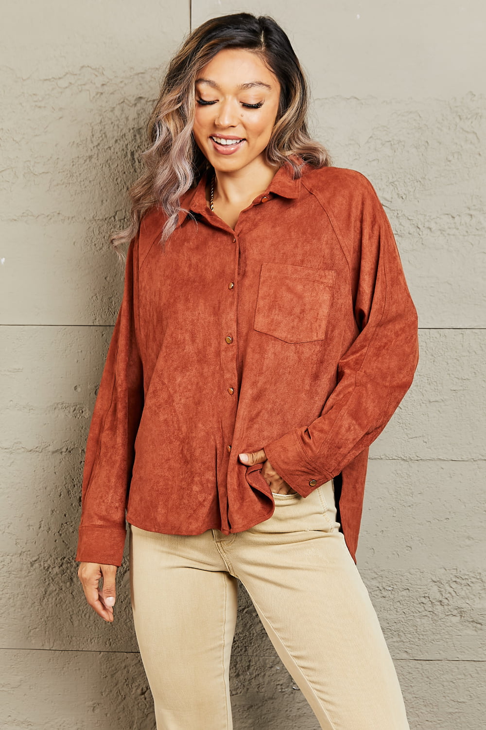 Impressive Vibe Suede Button Down Shirt-Modish Lily, Tecumseh Michigan