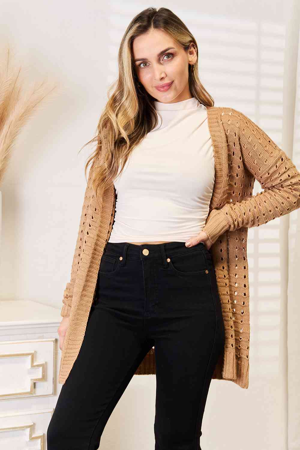 Woven Right Openwork Horizontal Ribbing Open Front Cardigan-Modish Lily, Tecumseh Michigan