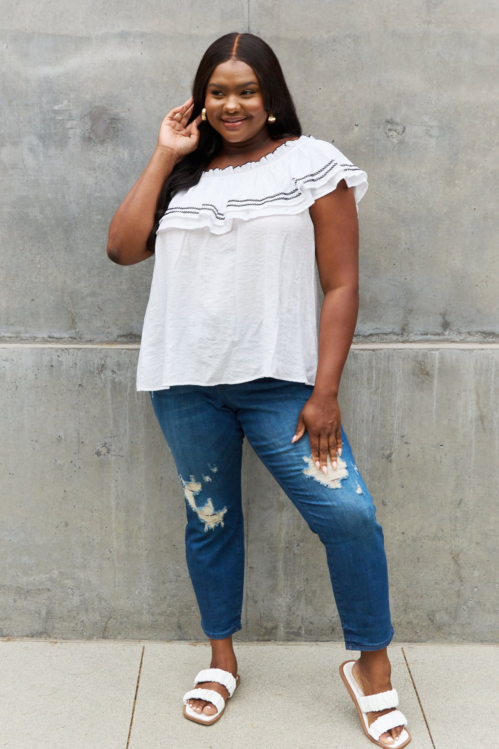 Off The Shoulder Ruffle Blouse-Modish Lily, Tecumseh Michigan