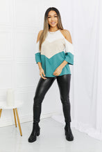 Load image into Gallery viewer, White/Green Color Block Cold-Shoulder Blouse-Modish Lily, Tecumseh Michigan
