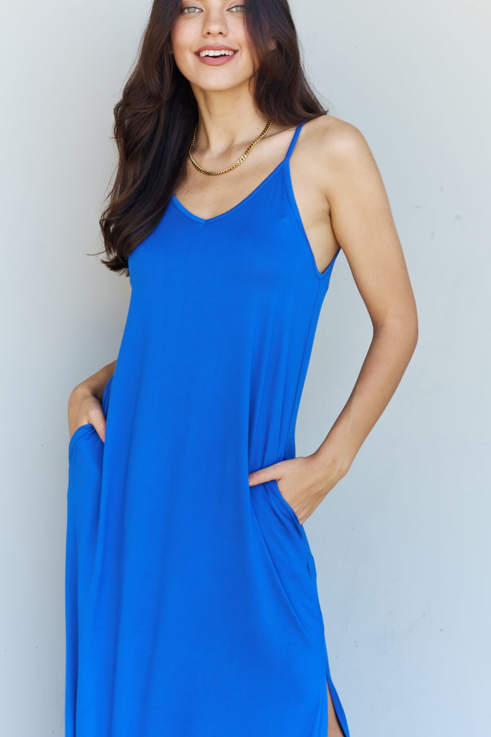 Good Energy Cami Side Slit Maxi Dress in Royal Blue-Modish Lily, Tecumseh Michigan