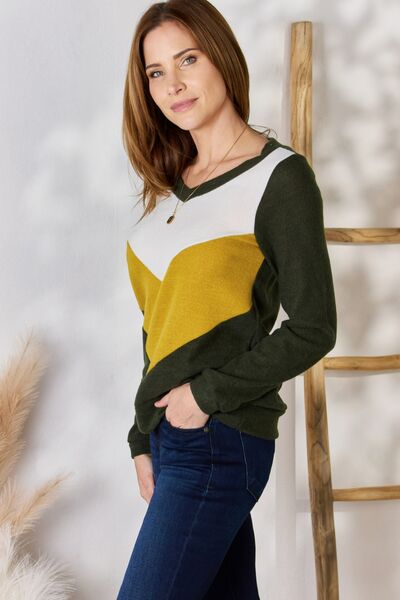 Olive Colorblock V-Neck Blouse-Modish Lily, Tecumseh Michigan