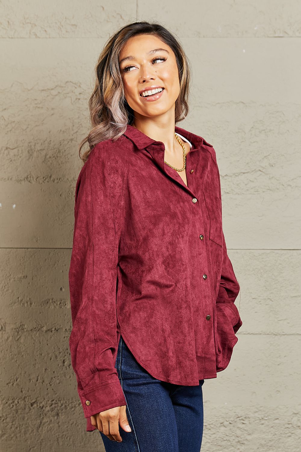 Impressive Vibe Suede Button Down Shirt-Modish Lily, Tecumseh Michigan