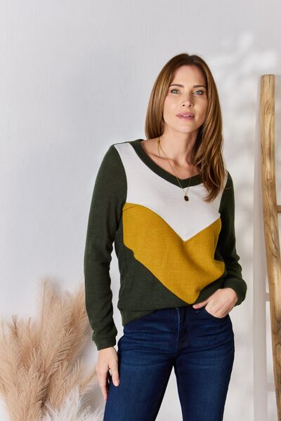 Olive Colorblock V-Neck Blouse-Modish Lily, Tecumseh Michigan