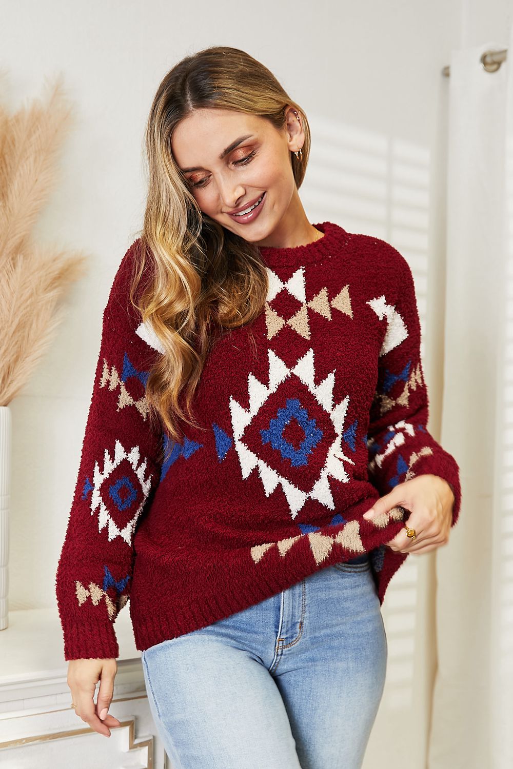 Wine Aztec Soft Fuzzy Sweater-Modish Lily, Tecumseh Michigan