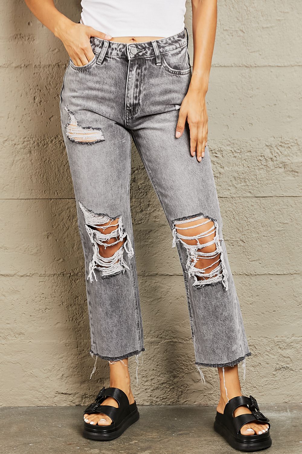 BAYEAS Acid Wash Distressed Cropped Straight Jeans-Modish Lily, Tecumseh Michigan