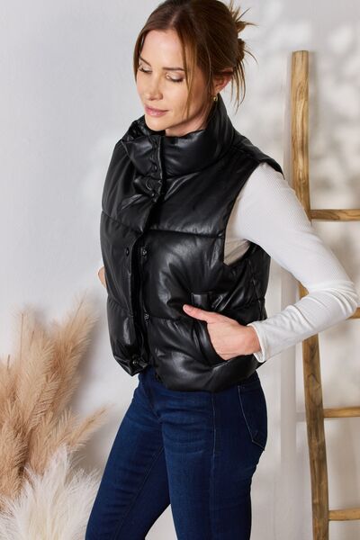 Black Faux Leather Snap and Zip Closure Vest Coat-Modish Lily, Tecumseh Michigan