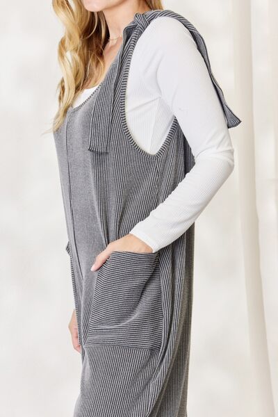Charcoal Ribbed Tie Shoulder Sleeveless Ankle Overalls-Modish Lily, Tecumseh Michigan