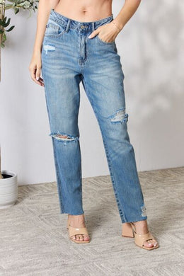 Judy Blue Full Size Distressed Raw Hem Straight Jeans-Modish Lily, Tecumseh Michigan