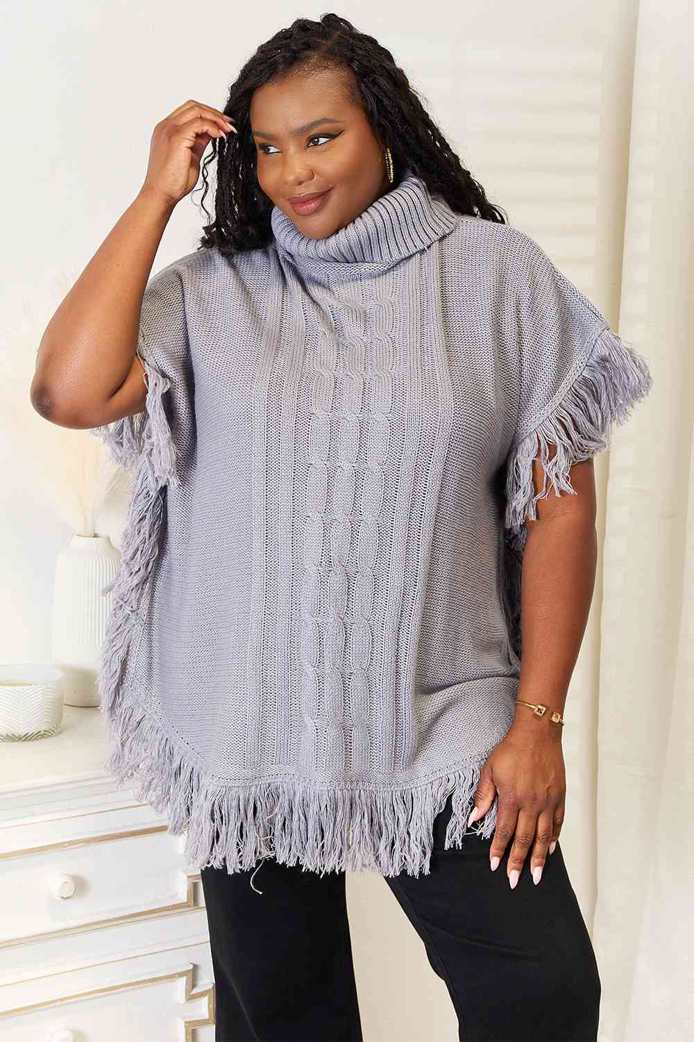 Grey Turtle Neck Fringe Poncho-Modish Lily, Tecumseh Michigan