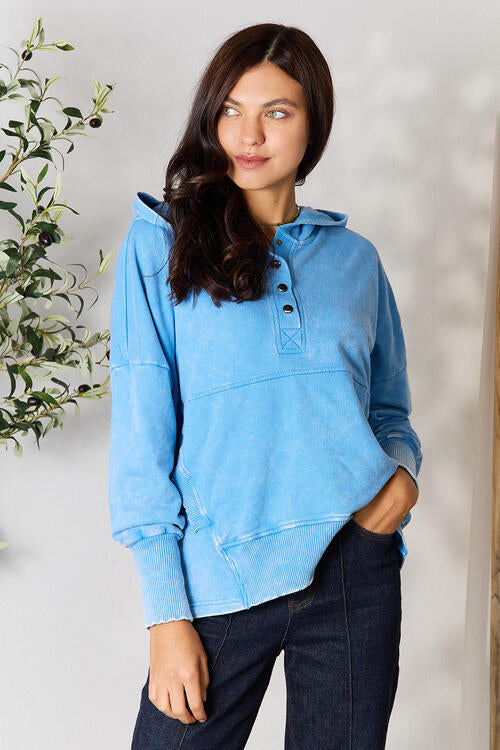 Sky Blue Half Snap Long Sleeve Hoodie with Pockets-Modish Lily, Tecumseh Michigan