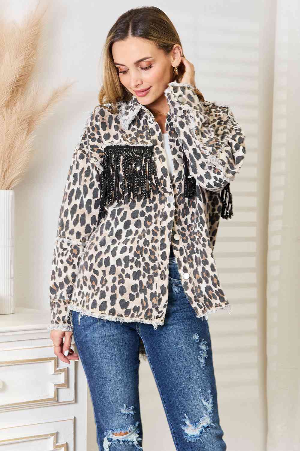 Leopard Fringe Detail Collared Neck Denim Jacket-Modish Lily, Tecumseh Michigan