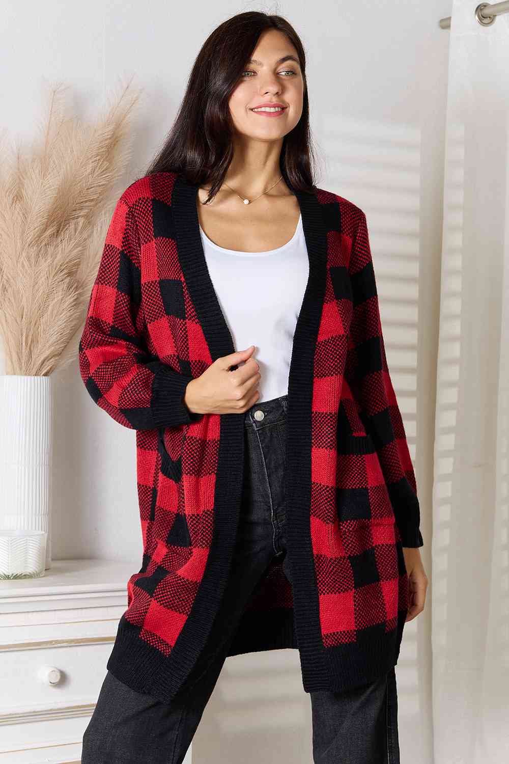 Deep Red Plaid Open Front Cardigan with Pockets-Modish Lily, Tecumseh Michigan