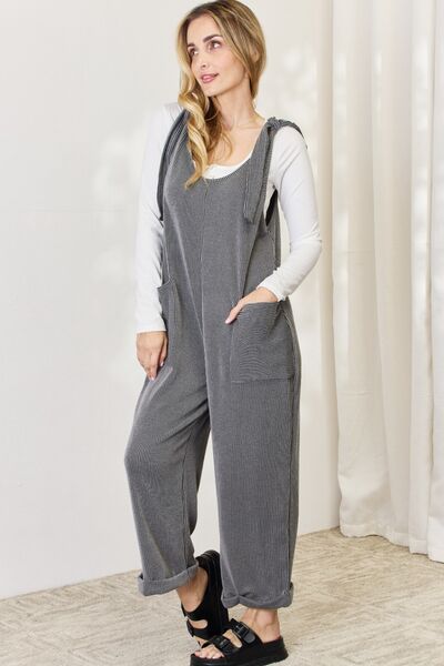 Charcoal Ribbed Tie Shoulder Sleeveless Ankle Overalls-Modish Lily, Tecumseh Michigan