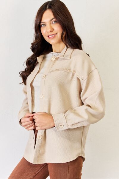 Beige Texture Button Down Fray Detail Shacket-Modish Lily, Tecumseh Michigan