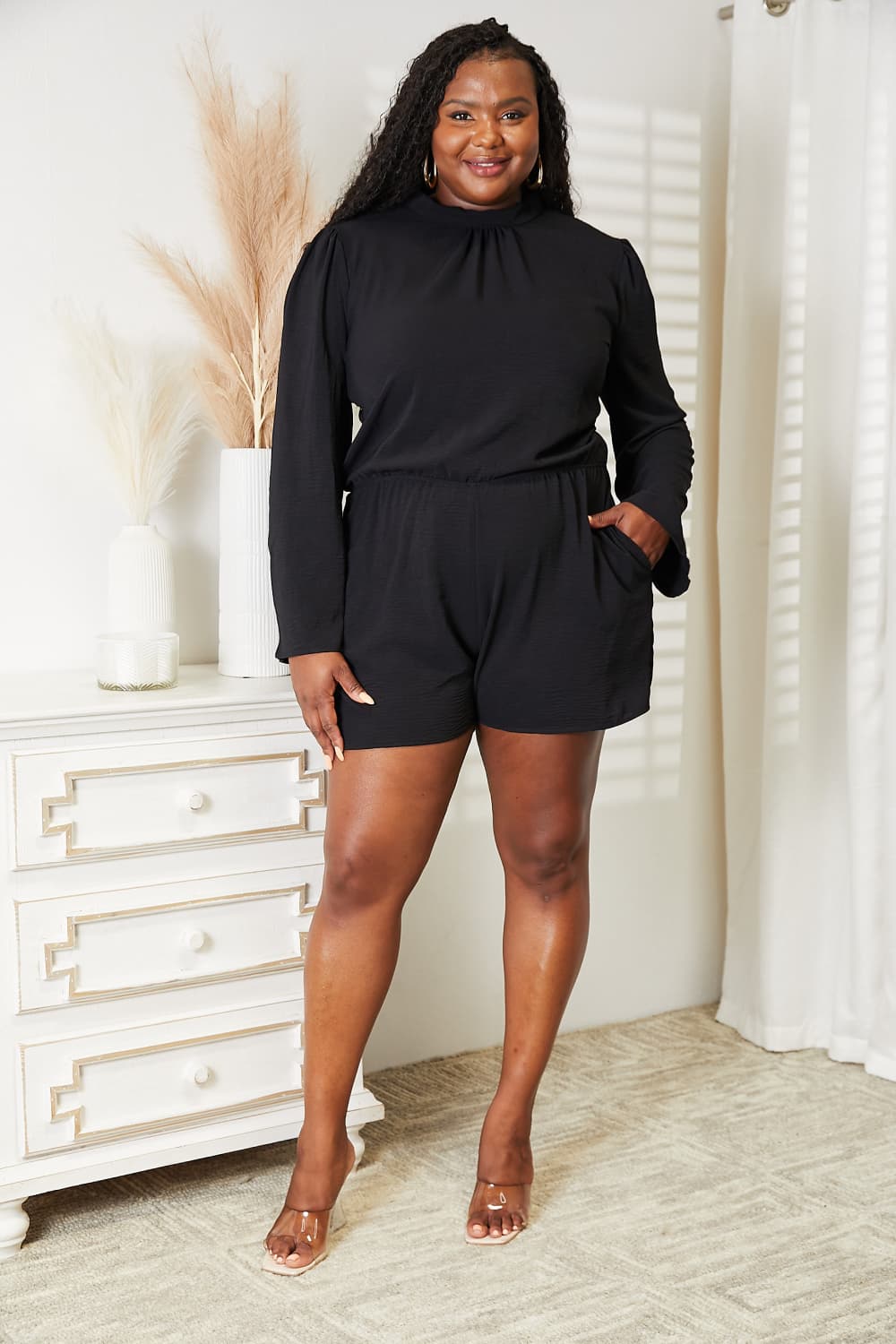 Black Open Back Romper with Pockets-Modish Lily, Tecumseh Michigan