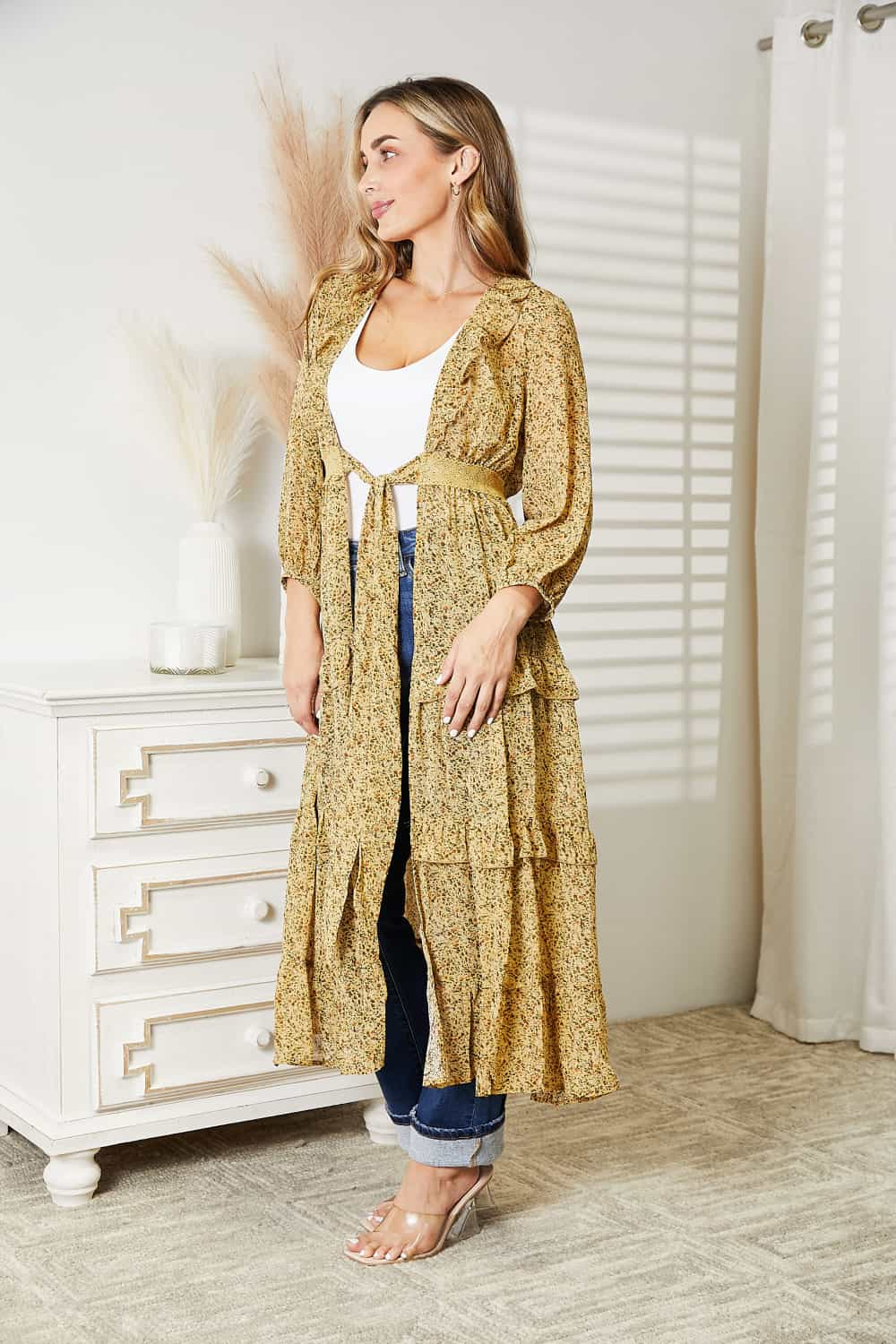 Honey Tie Front Ruffled Duster Cardigan-Modish Lily, Tecumseh Michigan